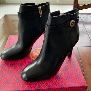 Black Tory Burch Brita 85MM Mid Heel Bootie in Equestrian Calf, size 8